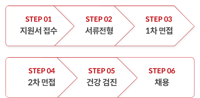 STEP 01 지원서 접수, STEP 02 서류전형, STEP 03 1차 면접, STEP 04 2차 면접, STEP 04 건강 검진, STEP 06 채용